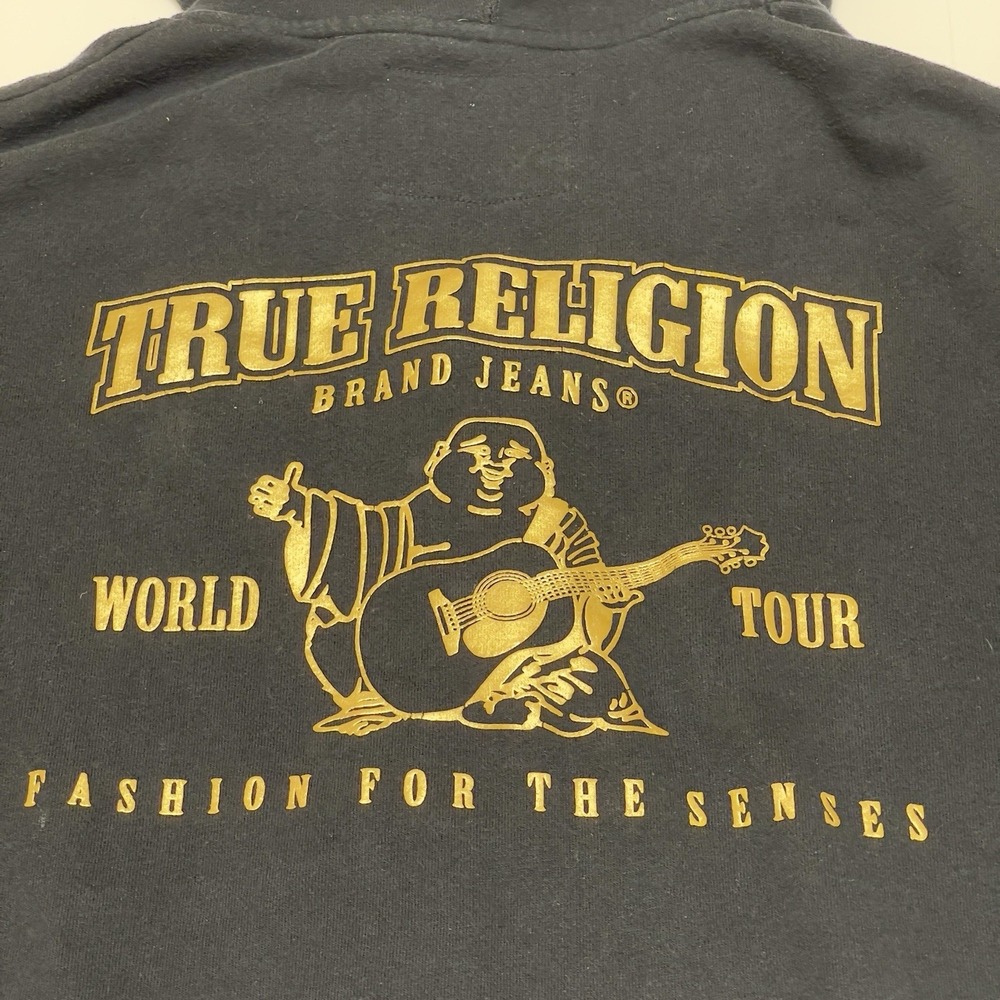 True Religion Jacket Hoodie Men Medium Black Metallic Gold Double Puff Full Zip